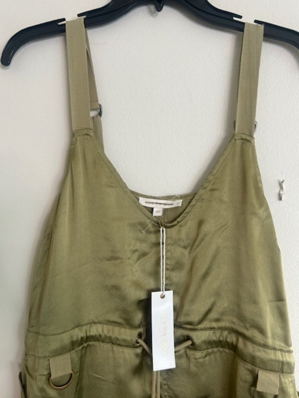 Anthropologie Love The Label Moss Green Utility Strap SatinJumper Midi Dress NWT - Picture 3 of 16